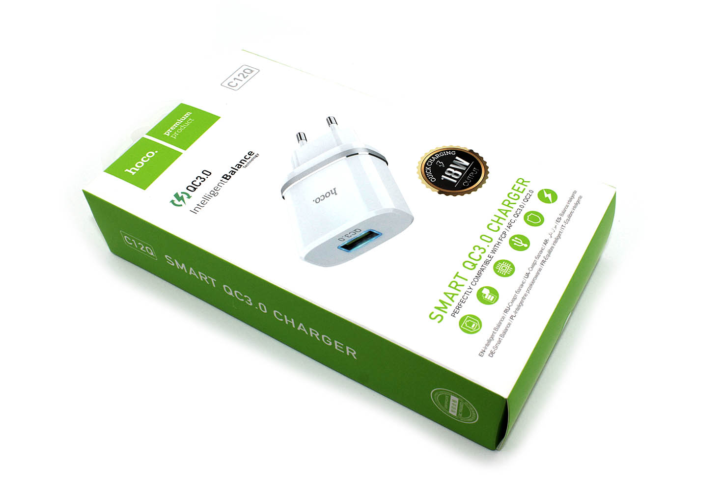 Блок питания (сетевой адаптер) HOCO С12Q Smart QC3.0, один порт USB, 5V, 3.0A, белый