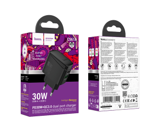 Блок питания (сетевой адаптер) HOCO CS61A Bright 1xUSB + 1xUSB-C, 3A, 30W, черный