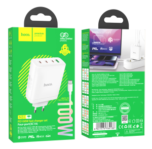 Блок питания (сетевой адаптер) HOCO N31 Leader PD100W 3*Type-C, fast charger+кабель Type-C 1м,белый