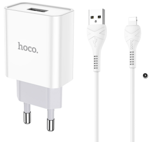 Блок питания (сетевой адаптер) HOCO C81A Asombroso single 1xUSB с кабелем USB-Lightning, 2.1A, 10W