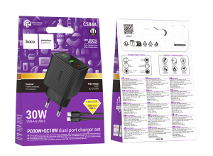 Блок питания (сетевой адаптер) HOCO CS84A Excellent PD30W+QC3.0 с кабелем Type-C, черный