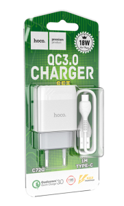 Блок питания (сетевой адаптер) HOCO C72Q Glorious 1xUSB с кабелем USB-Type-C, 3A, 18W, белый