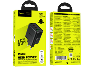 Блок питания (сетевой адаптер) HOCO N75, 3 порта (USB-A + Type-C + Type-C), 65W GAN черный