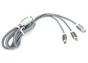 Кабель для зарядки USB (3-в-1)  ( Apple Lightning 8Pin, USB Type-C, USB-Micro) ШНУРОК. 1m. Серый