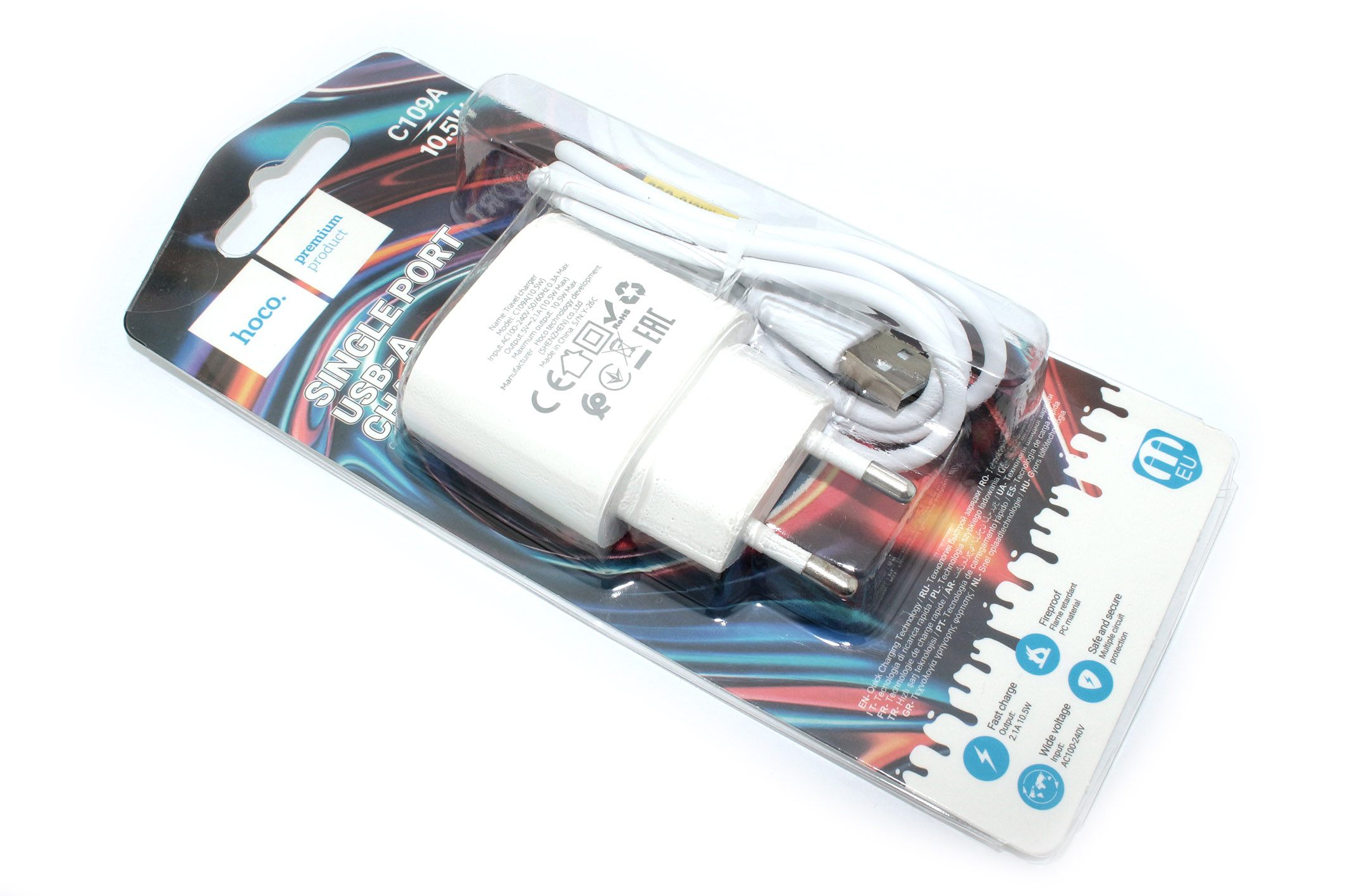 Блок питания (сетевой адаптер) HOCO C109A 1xUSB с кабелем Micro-USB, 2.1A, 10W, белый