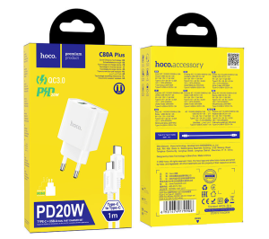 Блок питания (сетевой адаптер) HOCO C80A Plus с кабелем Type-C-Type-C, QC3.0, 20W, белый