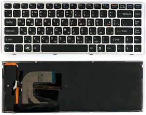 Клавиатура для ноутбука Sony Vaio VPC-S черная с серебристой рамкой с подсветкой
