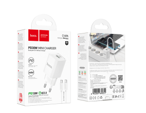 Блок питания (сетевой адаптер) HOCO C149A Charm 1xUSB + 1xUSB-C с кабелем Type-C-Type-C, 30W, белый