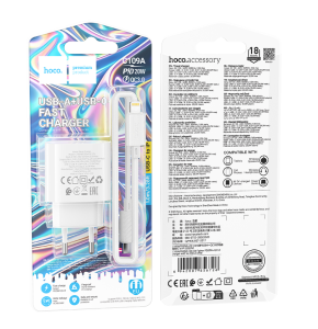 Блок питания (сетевой адаптер) HOCO C109A Fighter 1xUSB + 1xUSB-C с кабелем Type-C-Lightning, белый